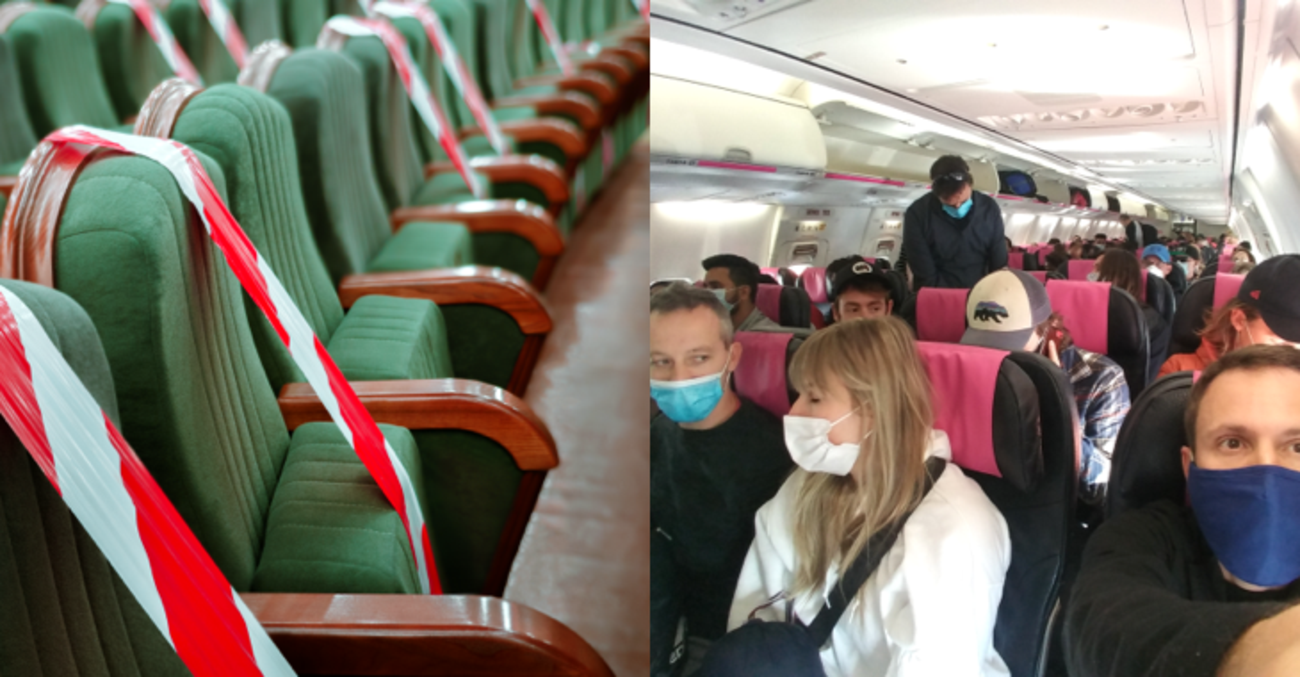 Leere grüne Theatersitzer mit rot-weißem-Absperrband © iStock/Standart, Passagiere mit Masken im Flugzeug @ iStock/benedek