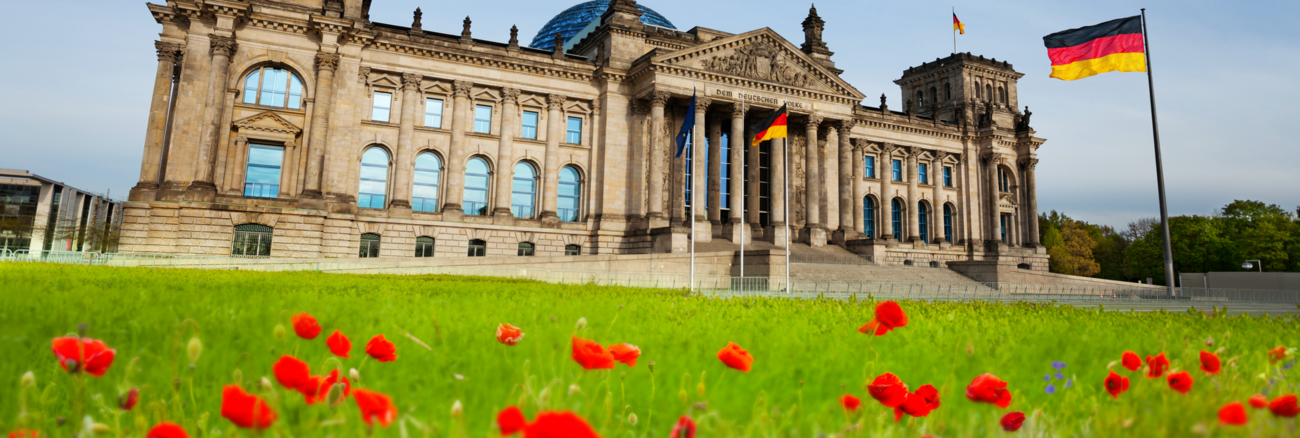 Roter Klatschmohn auf der Wiese vor dem Plenargebäude des Bundestages in Berlin © iStock/SerrNovik
