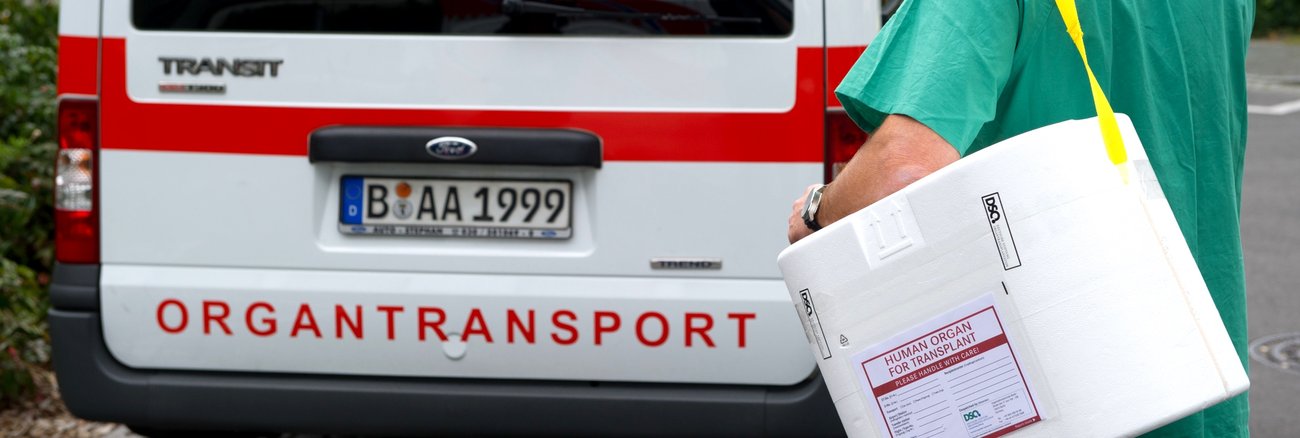 Ein Mann in OP-Bekleidung trägt eine Kühlbox für Organspenden zu einem Transporter mit der Aufschrift Organstransport © dpa/Soeren Stache