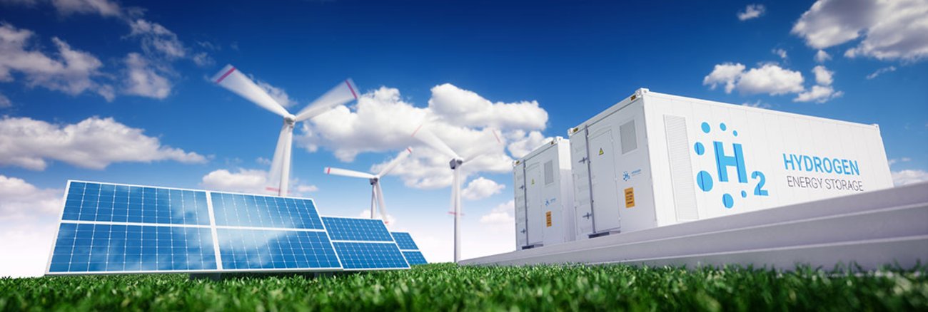 Wasserstoff-Stromspeicher mit Windrädern und Solaranlagen