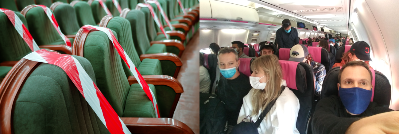 Leere grüne Theatersitzer mit rot-weißem-Absperrband © iStock/Standart, Passagiere mit Masken im Flugzeug @ iStock/benedek