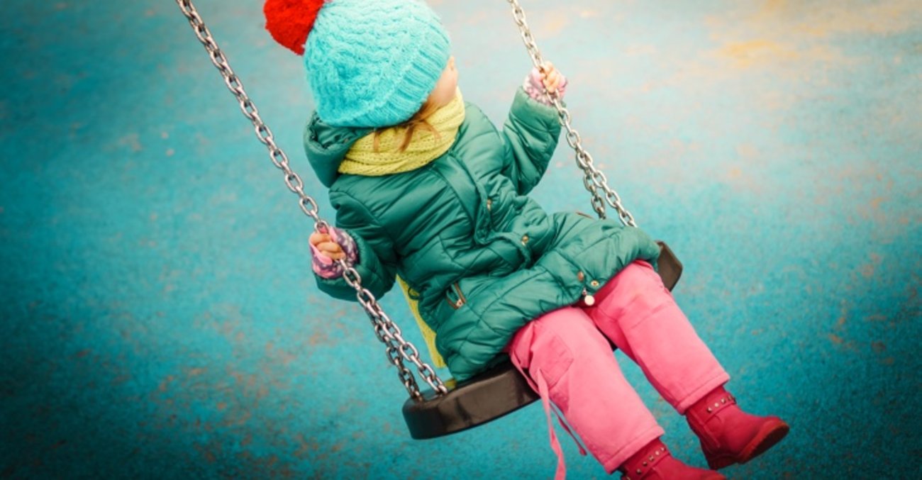 Ein Mädchen bei Regen mit Pudelmütze und Gummistiefeln auf einer Schaukel © iStock/oska25