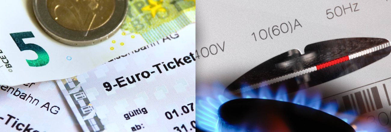 Zwei Zwei-Euro-Münzen und ein Fünf-Euro-Schein auf einem 9-Euro-Ticket, daneben Strohzähler und Gasherdflamme © dpa, iStock