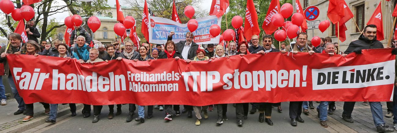 Demo-Banner und Demonstrierende der LINKEN bei der TTIP-Stoppen-Demo im Oktober 2016 in Hannover