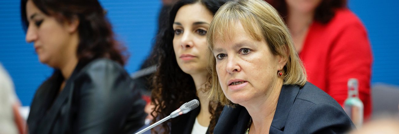 Heike Hänsel spricht während einer Fraktionssitzung der Linksfraktion im Bundestag © DBT/Thomas Imo/photothek