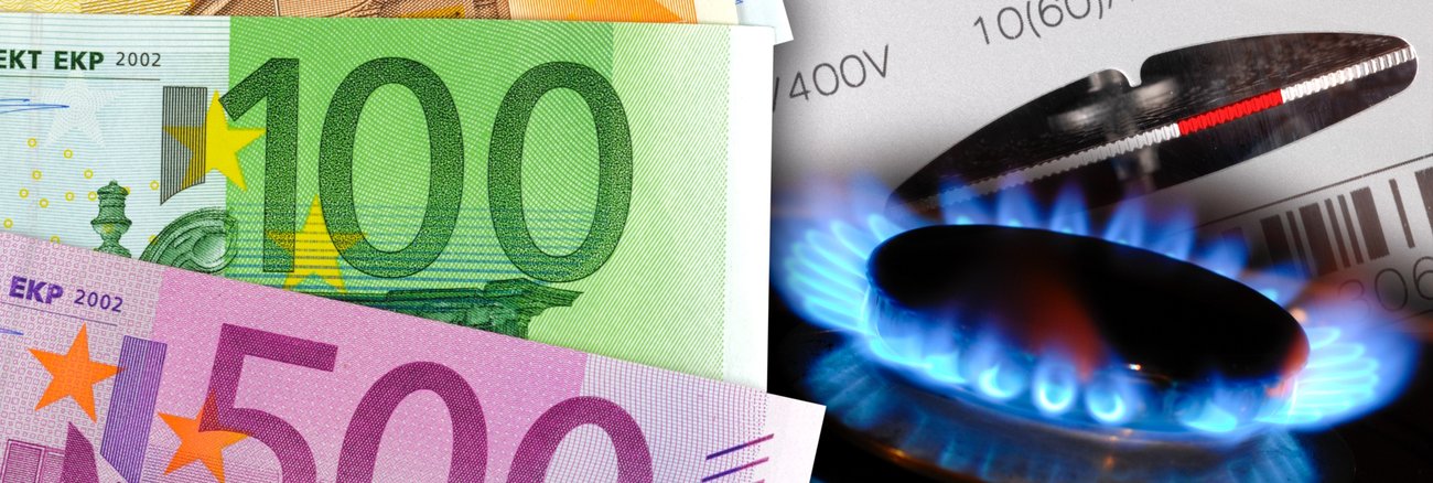 Euroscheine vor einem Stromzähler und der Flamme eines Gasherdes © iStock/filmfoto