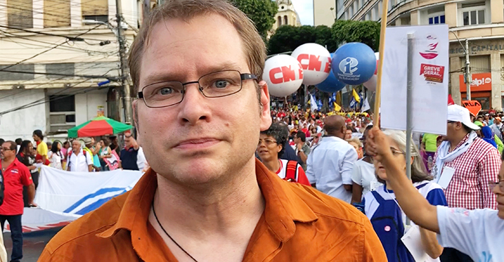 Lorenz Gösta Beutin am 13. März 2018 beim Weltsozialforum in Salvador da Bahia, Brasilien Lorenz Gösta Beutin am 13. März 2018 beim Weltsozialforum in Salvador da Bahia, Brasilien