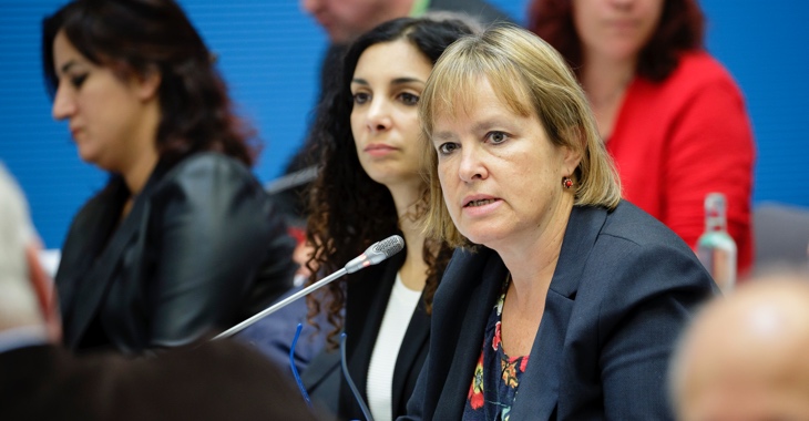 Heike Hänsel spricht während einer Fraktionssitzung der Linksfraktion im Bundestag © DBT/Thomas Imo/photothek