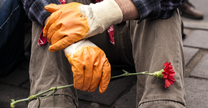 Ein Mann mit Arbeitshandschuhen hält eine Mai-Nelke © picture alliance/abaca