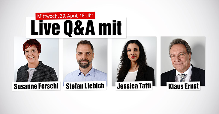 Ankündigung eines Live-Q&As mit Susanne Ferschl, Stefan Liebich, Jessica Tatti und Klaus Ernst Ankündigung eines Live-Q&As mit Susanne Ferschl, Stefan Liebich, Jessica Tatti und Klaus Ernst