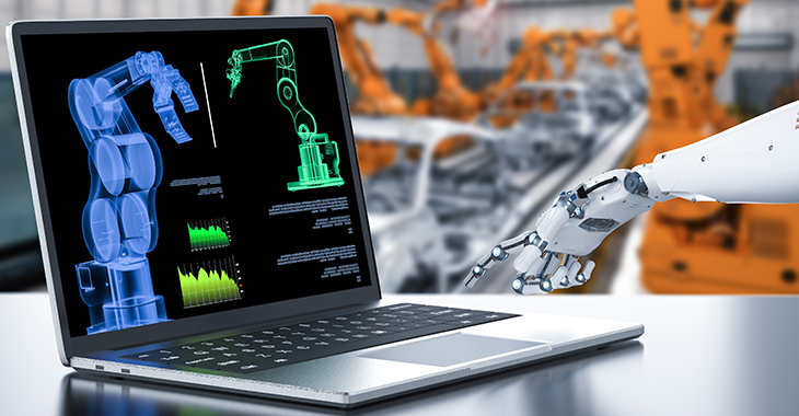 Roboter bedient Computer in einer Fabrik © istockphoto.com / PhonlamaiPhoto Roboter bedient Computer in einer Fabrik