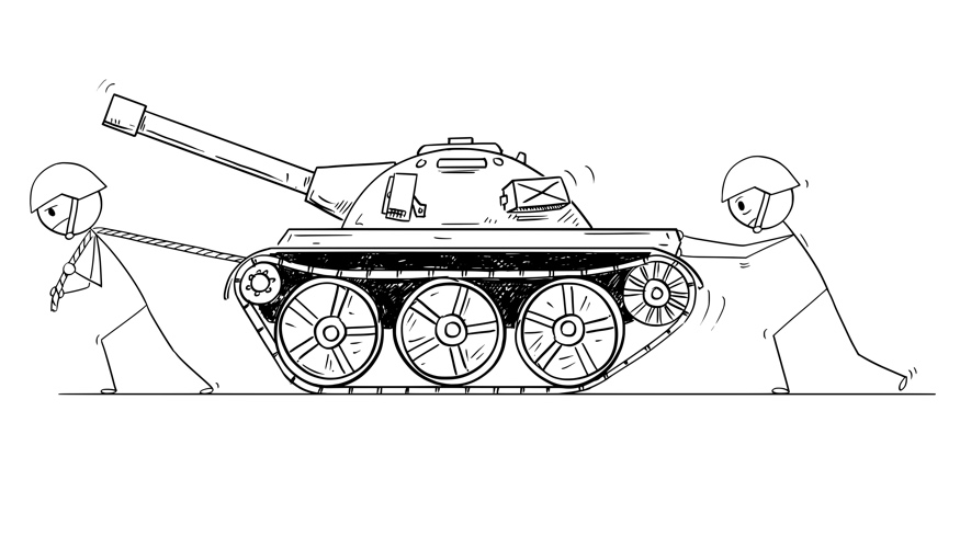 Zeichnung: Zwei Strichmännchen mit Helm ziehen und schieben einen Panzer © Zdenek Sasek